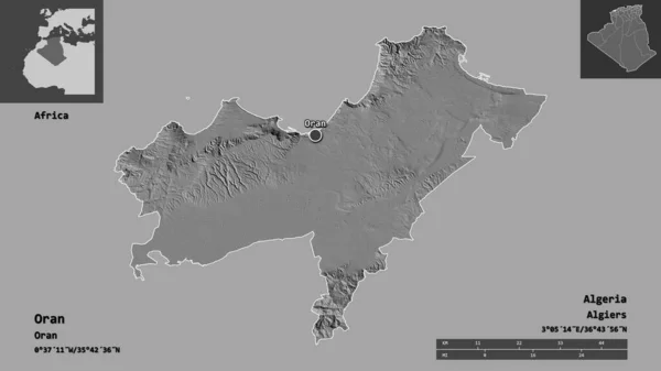 オランの形 アルジェリアの州 およびその首都 距離スケール プレビューおよびラベル 標高マップ 3Dレンダリング — ストック写真
