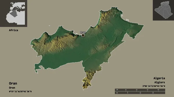 Oran Şekli Cezayir Eyaleti Başkenti Uzaklık Ölçeği Gösterimler Etiketler Topografik — Stok fotoğraf