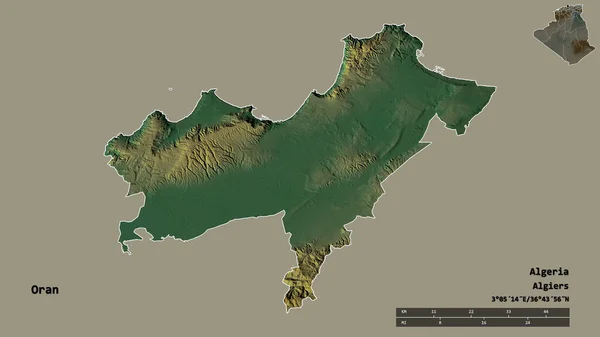 阿尔及利亚奥兰省的形状 其首都在坚实的背景下与世隔绝 距离尺度 区域预览和标签 地形浮雕图 3D渲染 — 图库照片