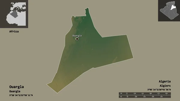 アルジェリアの州であるOuarglaとその首都の形 距離スケール プレビューおよびラベル 地形図 3Dレンダリング — ストック写真
