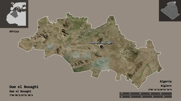 阿尔及利亚Oum Bouaghi的形状及其首都 距离刻度 预览和标签 卫星图像 3D渲染 — 图库照片