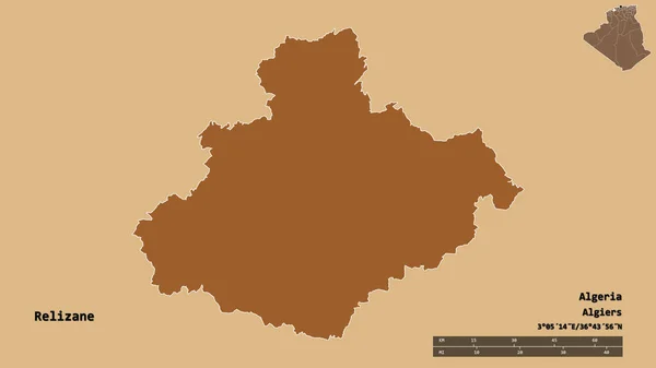 Form Relizane Provinsen Algeriet Med Huvudstaden Isolerad Solid Bakgrund Avståndsskala — Stockfoto