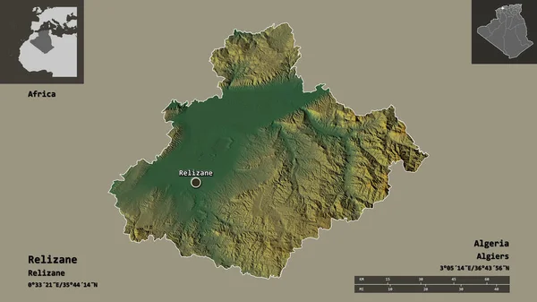 アルジェリアのレリッサ州とその首都の形 距離スケール プレビューおよびラベル 地形図 3Dレンダリング — ストック写真