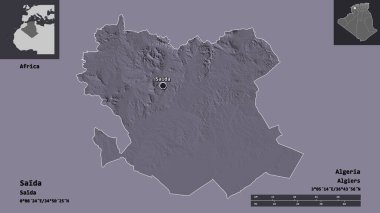 Saida 'nın şekli, Cezayir eyaleti ve başkenti. Uzaklık ölçeği, ön gösterimler ve etiketler. Renkli yükseklik haritası. 3B görüntüleme