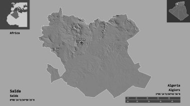 Saida 'nın şekli, Cezayir eyaleti ve başkenti. Uzaklık ölçeği, ön gösterimler ve etiketler. Çift seviyeli yükseklik haritası. 3B görüntüleme