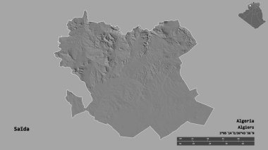 Cezayir 'in başkenti Saida' nın katı bir arka planda izole edilmiş hali. Uzaklık ölçeği, bölge önizlemesi ve etiketleri. Çift seviyeli yükseklik haritası. 3B görüntüleme