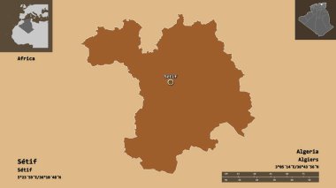 Setif 'in şekli, Cezayir vilayeti ve başkenti. Uzaklık ölçeği, ön gösterimler ve etiketler. Desenli dokuların bileşimi. 3B görüntüleme
