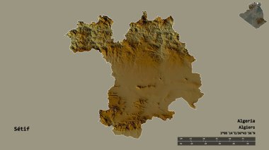 Cezayir 'in Setif eyaleti, başkenti sağlam bir zemin üzerinde izole edilmiştir. Uzaklık ölçeği, bölge önizlemesi ve etiketleri. Topografik yardım haritası. 3B görüntüleme