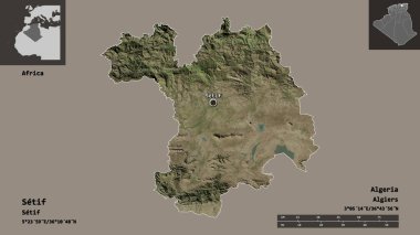 Setif 'in şekli, Cezayir vilayeti ve başkenti. Uzaklık ölçeği, ön gösterimler ve etiketler. Uydu görüntüleri. 3B görüntüleme