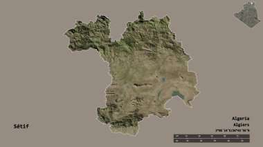 Cezayir 'in Setif eyaleti, başkenti sağlam bir zemin üzerinde izole edilmiştir. Uzaklık ölçeği, bölge önizlemesi ve etiketleri. Uydu görüntüleri. 3B görüntüleme
