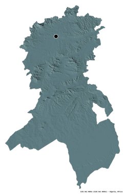 Cezayir 'in başkenti Sidi Bel Abbes' in beyaz arka planda izole edilmiş hali. Renkli yükseklik haritası. 3B görüntüleme