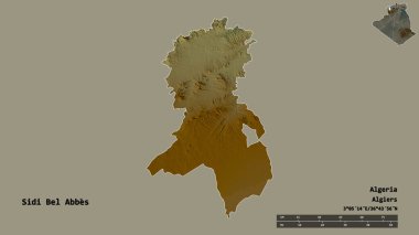 Cezayir 'in başkenti Sidi Bel Abbes' in sağlam bir arka planda izole edilmiş hali. Uzaklık ölçeği, bölge önizlemesi ve etiketleri. Topografik yardım haritası. 3B görüntüleme