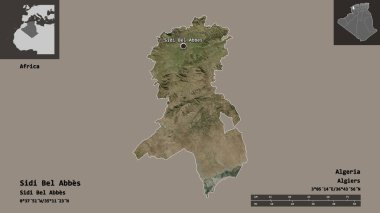 Cezayir 'in Sidi Bel Abbes şehri ve başkenti. Uzaklık ölçeği, ön gösterimler ve etiketler. Uydu görüntüleri. 3B görüntüleme