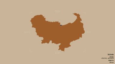 Cezayir 'in Skikda bölgesi, katı bir arka planda izole edilmiş bir sınır kutusunda. Etiketler. Desenli dokuların bileşimi. 3B görüntüleme