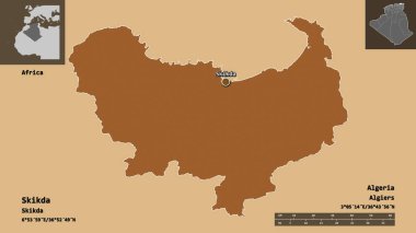 Shape of Skikda, Cezayir vilayeti ve başkenti. Uzaklık ölçeği, ön gösterimler ve etiketler. Desenli dokuların bileşimi. 3B görüntüleme