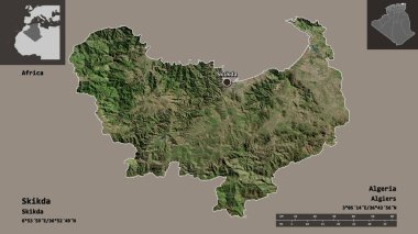 Shape of Skikda, Cezayir vilayeti ve başkenti. Uzaklık ölçeği, ön gösterimler ve etiketler. Uydu görüntüleri. 3B görüntüleme