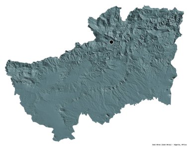 Cezayir 'in güneyindeki Souk Ahras şehrinin başkenti beyaz arka planda izole edilmiştir. Renkli yükseklik haritası. 3B görüntüleme