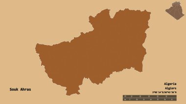 Cezayir 'in güneyindeki Souk Ahras şehrinin başkenti sağlam bir zemin ile izole edilmiştir. Uzaklık ölçeği, bölge önizlemesi ve etiketleri. Desenli dokuların bileşimi. 3B görüntüleme