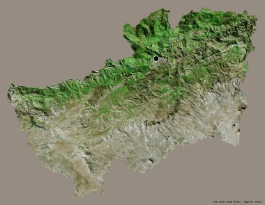 Cezayir 'in güneyindeki Souk Ahras şehrinin başkenti koyu renk arka planda izole edilmiştir. Uydu görüntüleri. 3B görüntüleme