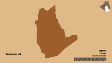 Cezayir 'in Tamanghasset şehrinin başkenti sağlam bir zemin üzerinde izole edilmiştir. Uzaklık ölçeği, bölge önizlemesi ve etiketleri. Desenli dokuların bileşimi. 3B görüntüleme