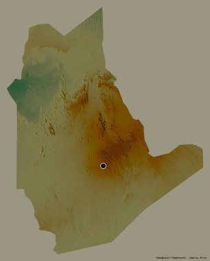 Cezayir 'in Tamanghasset şehrinin başkenti katı renk arkaplanı ile izole edilmiştir. Topografik yardım haritası. 3B görüntüleme