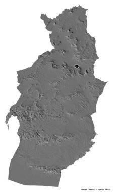 Cezayir 'in Tebessa eyaleti, başkenti beyaz arka planda izole edilmiştir. Çift seviyeli yükseklik haritası. 3B görüntüleme