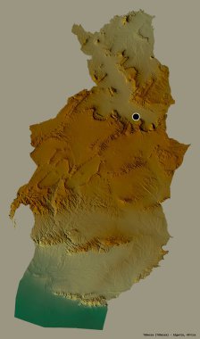Cezayir 'in Tebessa eyaleti, başkenti katı renk arkaplanı ile izole edilmiştir. Topografik yardım haritası. 3B görüntüleme