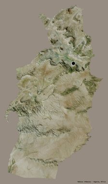 Cezayir 'in Tebessa eyaleti, başkenti katı renk arkaplanı ile izole edilmiştir. Uydu görüntüleri. 3B görüntüleme