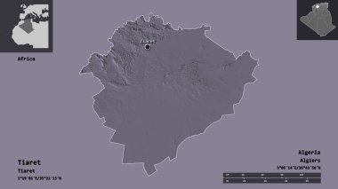 Tiaret 'in şekli, Cezayir vilayeti ve başkenti. Uzaklık ölçeği, ön gösterimler ve etiketler. Renkli yükseklik haritası. 3B görüntüleme