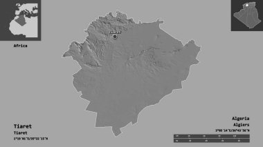 Tiaret 'in şekli, Cezayir vilayeti ve başkenti. Uzaklık ölçeği, ön gösterimler ve etiketler. Çift seviyeli yükseklik haritası. 3B görüntüleme