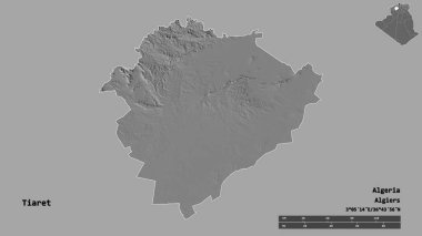 Cezayir 'in Tiaret şehri, başkenti sağlam bir zemin üzerinde izole edilmiştir. Uzaklık ölçeği, bölge önizlemesi ve etiketleri. Çift seviyeli yükseklik haritası. 3B görüntüleme