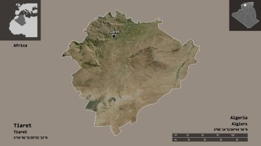 Tiaret 'in şekli, Cezayir vilayeti ve başkenti. Uzaklık ölçeği, ön gösterimler ve etiketler. Uydu görüntüleri. 3B görüntüleme