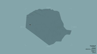 Tindouf bölgesi, Cezayir eyaleti, jeoreferated sınır kutusunda sağlam bir arka planda izole edilmiş. Etiketler. Renkli yükseklik haritası. 3B görüntüleme