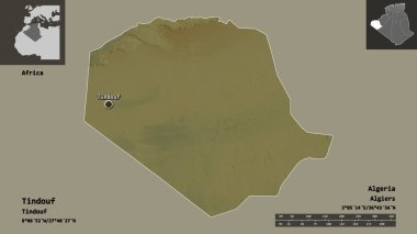 Tindouf 'nun şekli, Cezayir vilayeti ve başkenti. Uzaklık ölçeği, ön gösterimler ve etiketler. Topografik yardım haritası. 3B görüntüleme