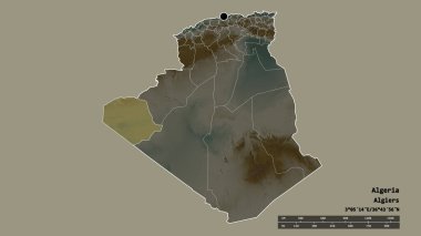 Başkenti, ana bölgesel bölümü ve ayrılmış Tindouf bölgesi ile Cezayir 'in dejenere edilmiş şekli. Etiketler. Topografik yardım haritası. 3B görüntüleme