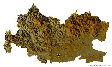Cezayir eyaleti Tissemsilt 'in beyaz arka planda bulunan başkenti. Topografik yardım haritası. 3B görüntüleme