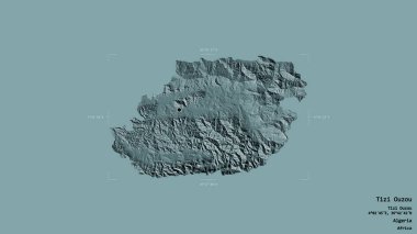 Cezayir 'in Tizi Ouzou bölgesinde bir sınır kutusunda sağlam bir arka planda izole edilmiş. Etiketler. Renkli yükseklik haritası. 3B görüntüleme