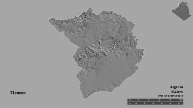 Cezayir 'in Tlemcen eyaleti, başkenti sağlam bir zemin üzerinde izole edilmiştir. Uzaklık ölçeği, bölge önizlemesi ve etiketleri. Çift seviyeli yükseklik haritası. 3B görüntüleme
