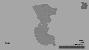 Angola 'nın Bengo eyaleti, başkenti sağlam bir zemin üzerinde izole edilmiştir. Uzaklık ölçeği, bölge önizlemesi ve etiketleri. Çift seviyeli yükseklik haritası. 3B görüntüleme