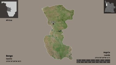 Bengo 'nun şekli, Angola vilayeti ve başkenti. Uzaklık ölçeği, ön gösterimler ve etiketler. Uydu görüntüleri. 3B görüntüleme