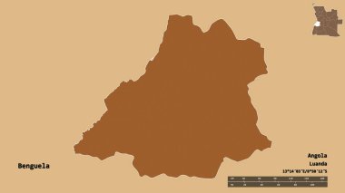 Angola 'nın Benguela eyaleti, başkenti sağlam bir zemin üzerinde izole edilmiştir. Uzaklık ölçeği, bölge önizlemesi ve etiketleri. Desenli dokuların bileşimi. 3B görüntüleme