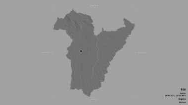 Bie bölgesi, Angola vilayeti, jeoreferatlı bir sınır kutusunda sağlam bir arka planda izole edilmiş. Etiketler. Çift seviyeli yükseklik haritası. 3B görüntüleme