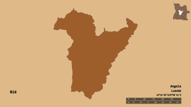 Angola 'nın başkenti Bie' nin katı arka planda izole edilmiş hali. Uzaklık ölçeği, bölge önizlemesi ve etiketleri. Desenli dokuların bileşimi. 3B görüntüleme