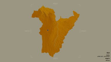 Bie bölgesi, Angola vilayeti, jeoreferatlı bir sınır kutusunda sağlam bir arka planda izole edilmiş. Etiketler. Topografik yardım haritası. 3B görüntüleme
