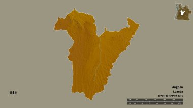 Angola 'nın başkenti Bie' nin katı arka planda izole edilmiş hali. Uzaklık ölçeği, bölge önizlemesi ve etiketleri. Topografik yardım haritası. 3B görüntüleme