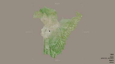 Bie bölgesi, Angola vilayeti, jeoreferatlı bir sınır kutusunda sağlam bir arka planda izole edilmiş. Etiketler. Uydu görüntüleri. 3B görüntüleme