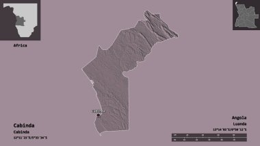 Cabinda 'nın şekli, Angola vilayeti ve başkenti. Uzaklık ölçeği, ön gösterimler ve etiketler. Renkli yükseklik haritası. 3B görüntüleme