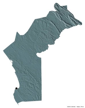 Beyaz arka planda başkenti izole edilmiş, Angola ili Cabinda 'nın şekli. Renkli yükseklik haritası. 3B görüntüleme