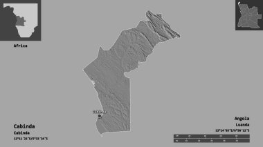 Cabinda 'nın şekli, Angola vilayeti ve başkenti. Uzaklık ölçeği, ön gösterimler ve etiketler. Çift seviyeli yükseklik haritası. 3B görüntüleme