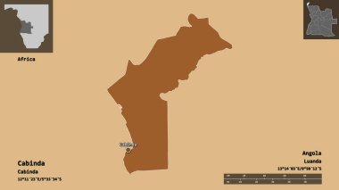 Cabinda 'nın şekli, Angola vilayeti ve başkenti. Uzaklık ölçeği, ön gösterimler ve etiketler. Desenli dokuların bileşimi. 3B görüntüleme